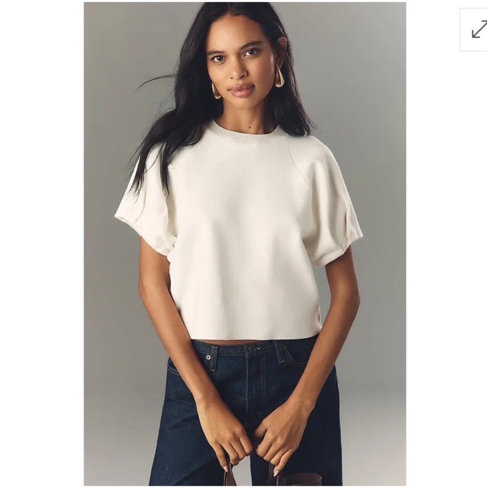 Anthropologie Ivory Pleated Crew Neck Sweater Tee XL Quiet Luxury minimalist